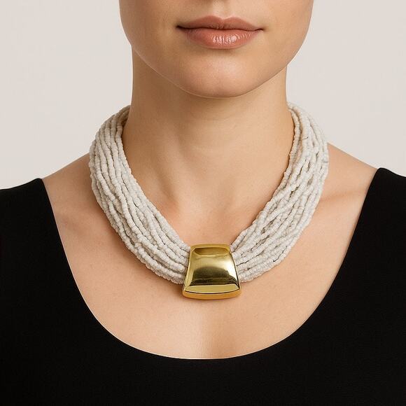 Vintage White Seed Bead Torsade Necklace Gold Tone Statement Pendant 80s 90s - Picture 16 of 16